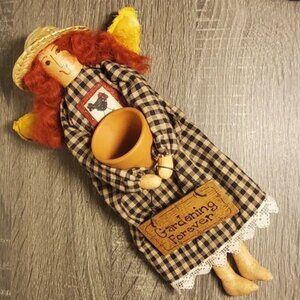 Primitive Folk Art "Gardening Forever" Angel Doll Clay Pot Wood Parts Lace Trim